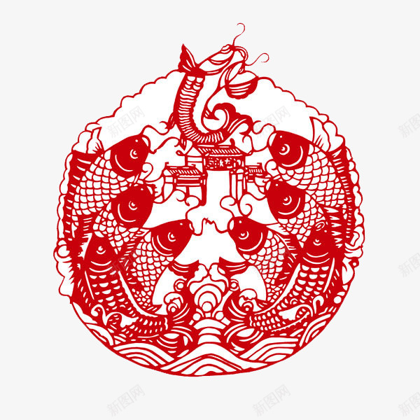 红色鲤鱼剪纸png免抠素材_新图网 https://ixintu.com 传统 剪纸 建筑 手绘 海浪 灯笼 红色 鱼鳞 鲤鱼