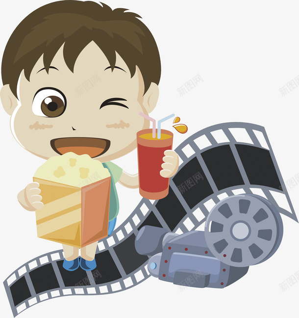 卡通看电影的孩子图png免抠素材_新图网 https://ixintu.com 卡通 可乐 插图 放映机 爆米花 男孩 高兴地
