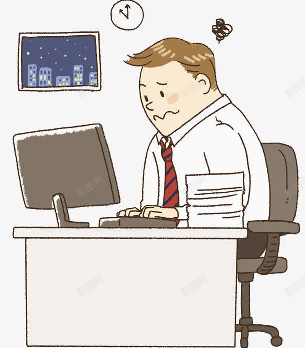卡通加班男人场景图png免抠素材_新图网 https://ixintu.com 办公室 加班 商务 头晕的 头脑混乱 工作的 椅子 电脑 男人
