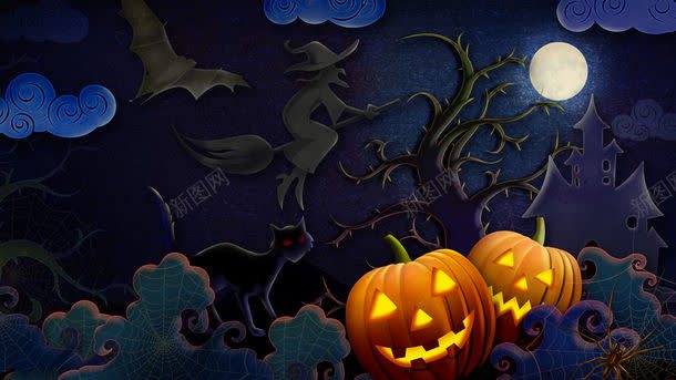 万圣节南瓜头jpg设计背景_新图网 https://ixintu.com 万圣节 万圣节南瓜头图片 万圣节南瓜头图片素材下载 南瓜头 图片素材 城堡 夜晚 巫婆 底纹背景 月亮 枯树 背景花边 节日 黑猫