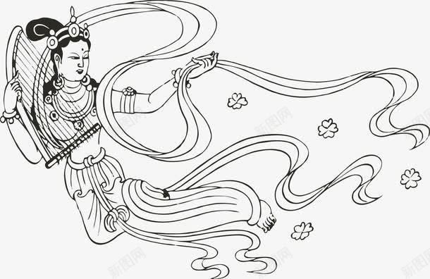 镂空敦煌飞天线稿png免抠素材_新图网 https://ixintu.com 壁画 敦煌 敦煌飞天壁画 矢理 线稿 飞天