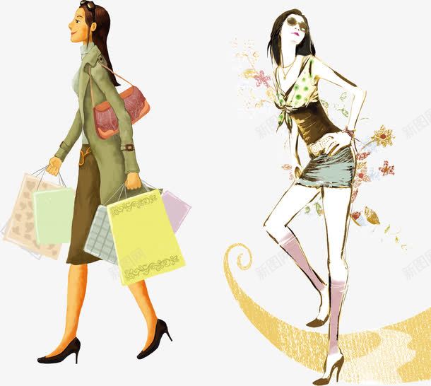 时尚手绘卡通美女插画psd免抠素材_新图网 https://ixintu.com 人物 手绘 手绘时尚长腿美女模特插画 插画 时尚 时尚模特 模特儿 美女 购物袋 长发 长腿 高跟鞋