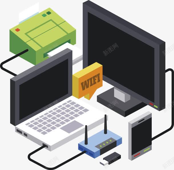 局域网布线系统png免抠素材_新图网 https://ixintu.com 互联网 共享网络 局域网 打印机 电子设备 矢量png 资源共享 路由器