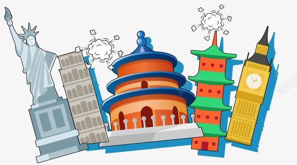 卡通手绘各地标志建筑物psd免抠素材_新图网 https://ixintu.com 卡通手绘 大笨钟 建筑物 故宫 旅游 自由女生