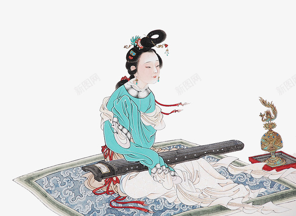 绿衣古代女子png免抠素材_新图网 https://ixintu.com 古风 坐着 弹琴 抚琴 琴音