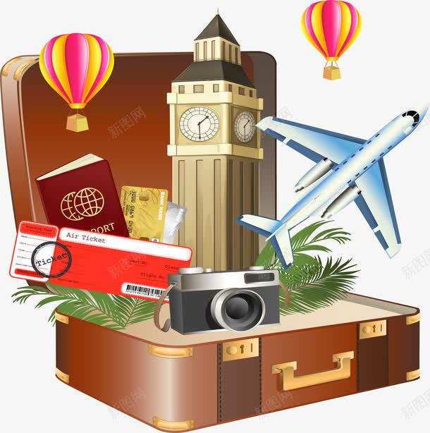 去英国伦敦旅行png免抠素材_新图网 https://ixintu.com 伦敦大笨钟 护照 棕色手提箱 毕业旅行 矢量png 飞机票