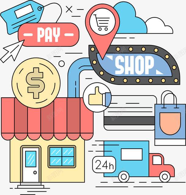 线上线下购物png免抠素材_新图网 https://ixintu.com 便利店 商超购物 点击购买 物流配送 矢量素材