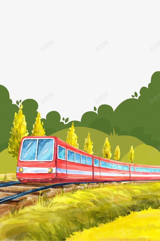 卡通手绘火车旅行插画png免抠素材_新图网 https://ixintu.com Q版小火车 出行 卡通手绘 插画 旅行 树林 火车 轨道