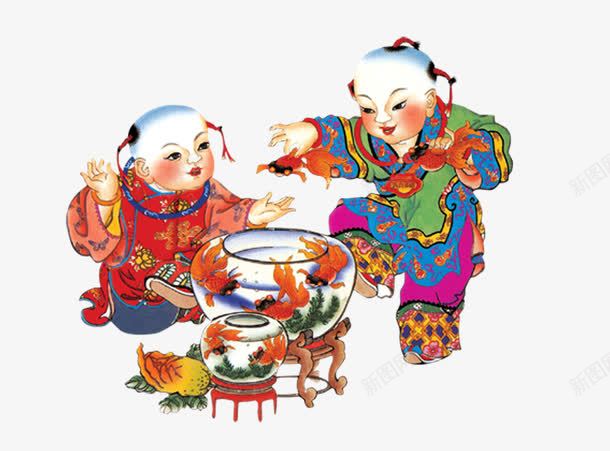 年画娃娃png免抠素材_新图网 https://ixintu.com 娃娃 年娃娃 年画 福娃 窗贴 过年 金鱼