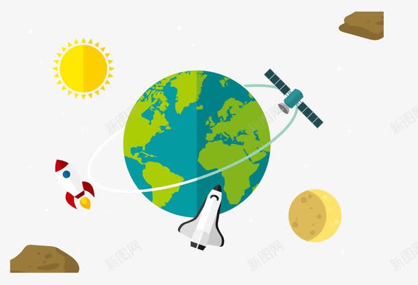 环绕地球矢量图ai免抠素材_新图网 https://ixintu.com 卫星 太阳 月亮 银河星系 陨石 飞船 矢量图