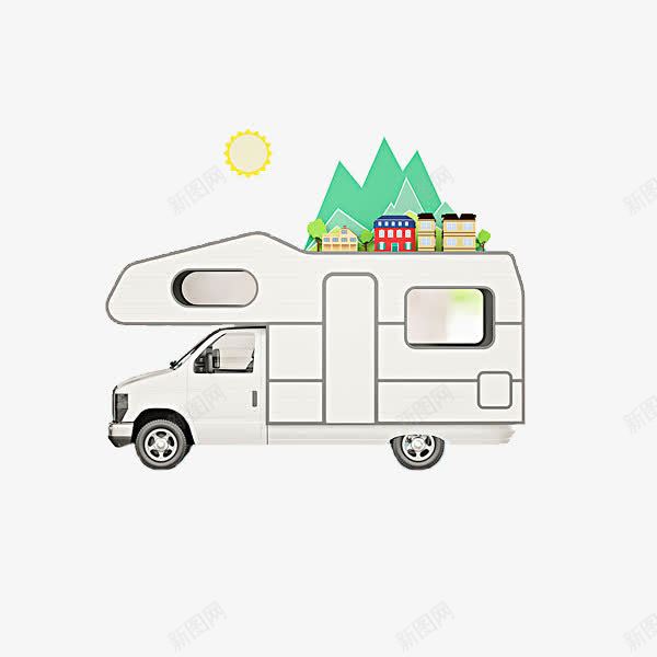 一辆房车png免抠素材_新图网 https://ixintu.com 休旅车 卡通 大山 太阳 房车 手绘 旅行 简笔 风景