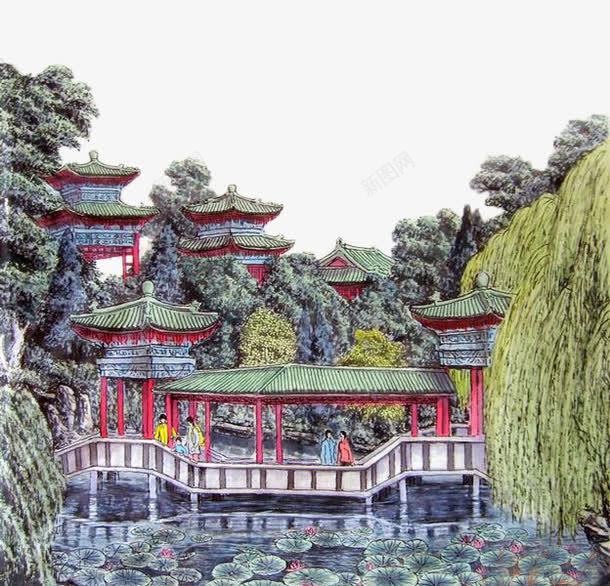 池塘上的亭台楼阁设色工笔画png免抠素材_新图网 https://ixintu.com 亭台楼阁 亭阁 写实风格 国画 工笔画 设色