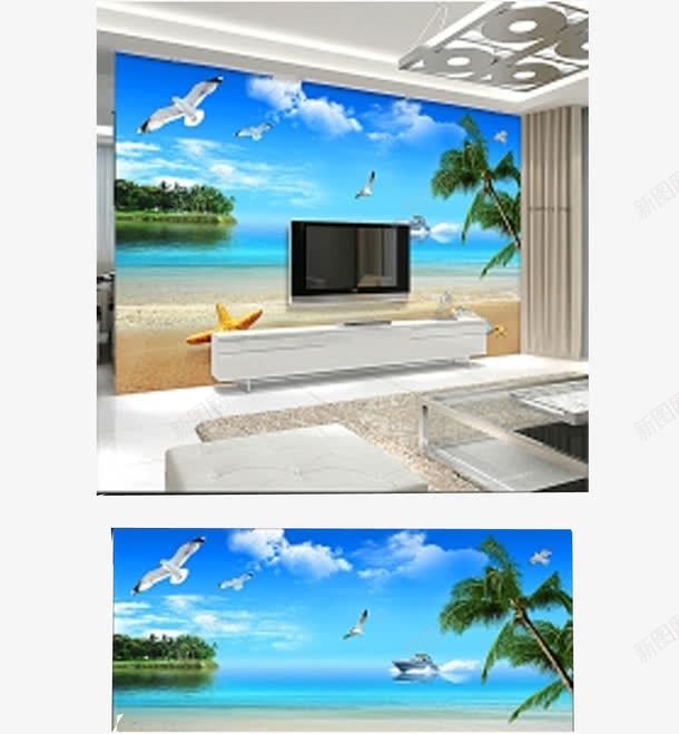 海滩风景电视背景墙png免抠素材_新图网 https://ixintu.com 大电视 电视 背景白云 茶几桌子 蓝天海边