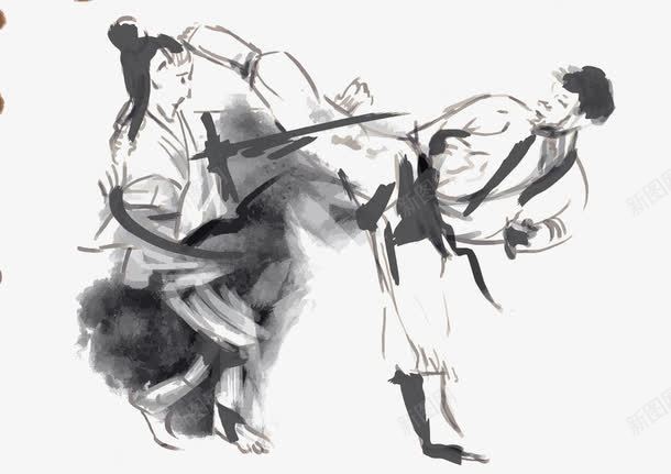 中国风水墨画png免抠素材_新图网 https://ixintu.com 侧踢 手绘 打架 武功切磋 水墨画 绘画 跆拳道 踢人