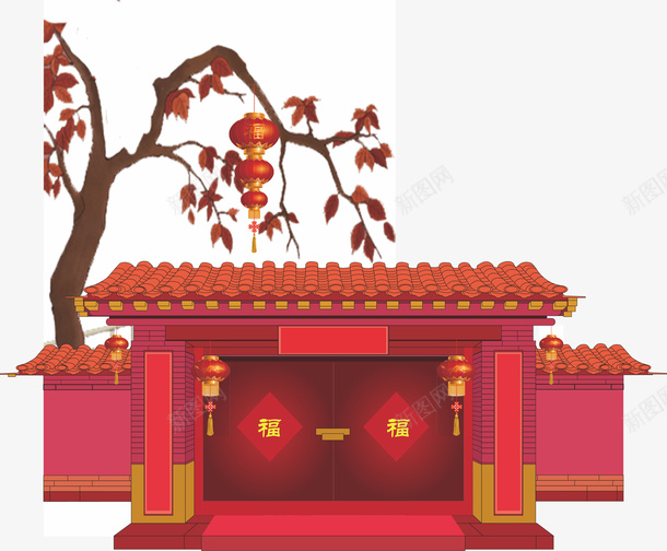 新年大门装饰红色灯笼cdr免抠素材_新图网 https://ixintu.com 喜庆 大门 新图网 新年 春节 灯笼 福 装饰