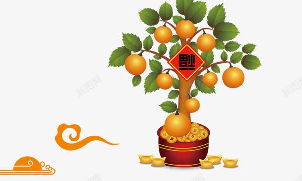 手绘金桔psd免抠素材_新图网 https://ixintu.com 年桔 手绘金桔 橘子树 福 金元宝 金色祥云