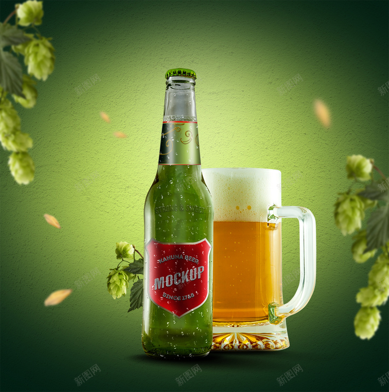 啤酒啤酒瓶啤酒杯啤酒花背景图psd设计背景_新图网 https://ixintu.com 啤酒啤酒瓶啤酒花清爽绿色黄色 清爽美味