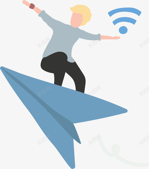 踩着蓝色纸飞机的人png免抠素材_新图网 https://ixintu.com 极速上网 矢量png 纸飞机 网络信号 蓝色纸飞机 踩着飞机