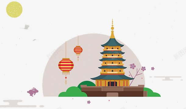 西湖png免抠素材_新图网 https://ixintu.com 杭州灯笼月亮 西湖插画