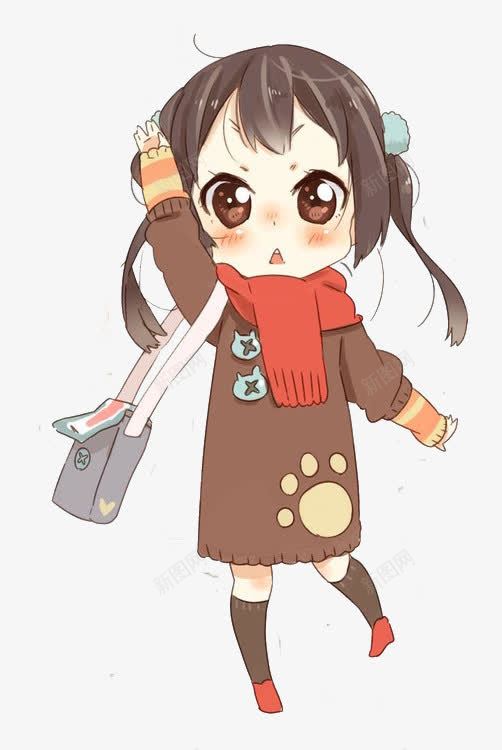 红围巾小女孩png免抠素材_新图网 https://ixintu.com 人物 卡通 大眼睛 小女孩 毛衣 红围巾 背包包