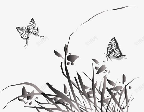 水墨兰花psd免抠素材_新图网 https://ixintu.com 中国风 兰花 水墨画 蝴蝶 装饰素材 黑色