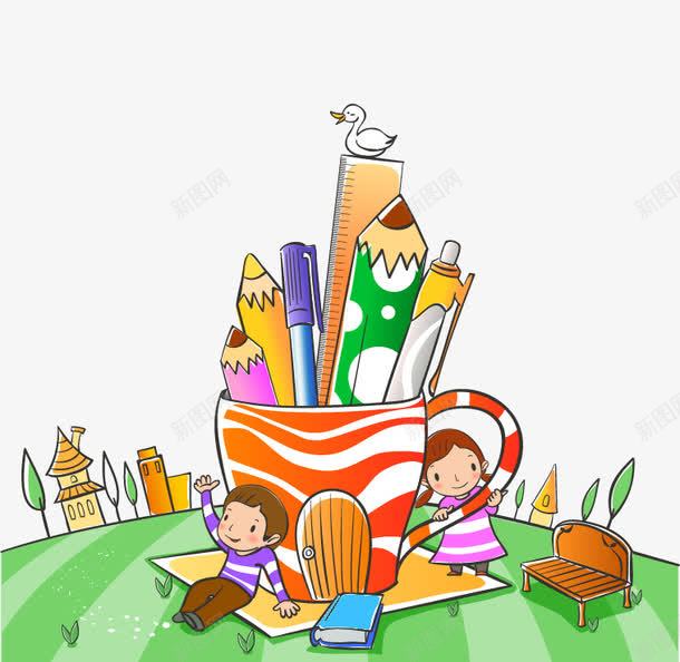 两个靠着笔筒的孩子png免抠素材_新图网 https://ixintu.com 儿童 学习 教学 教育