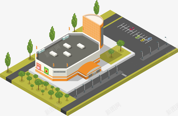 办公大厦模型矢量图ai免抠素材_新图网 https://ixintu.com 停车场 办公 卡通 大厦 手绘 树木 模型 顶楼 矢量图