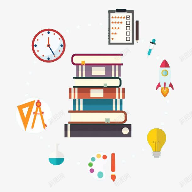学习扁平用具png免抠素材_新图网 https://ixintu.com 书籍 圆规 日历 钟表