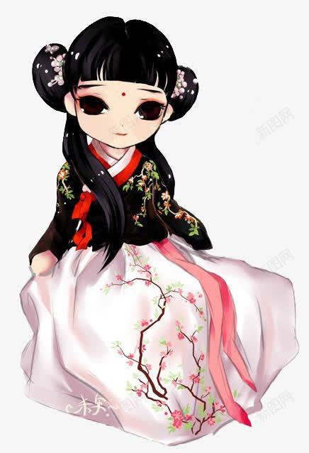 黑色花枝汉服少女q版png免抠素材_新图网 https://ixintu.com 少女 汉服少女 花枝 黑色