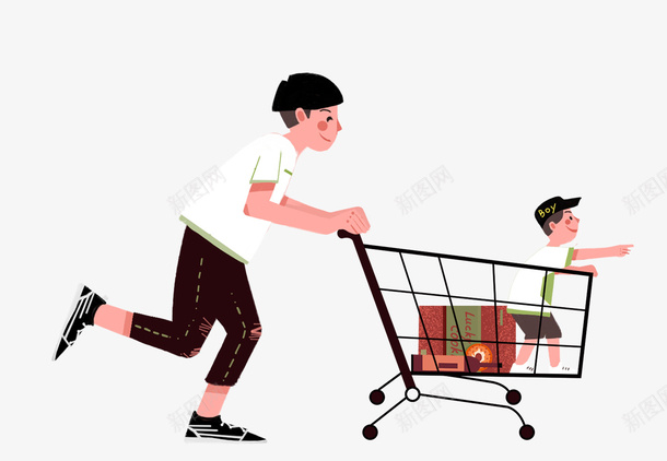 推着购物车载着小孩购物卡通png免抠素材_新图网 https://ixintu.com 优惠 低价 商场大减价 折购 满载而归 购物车