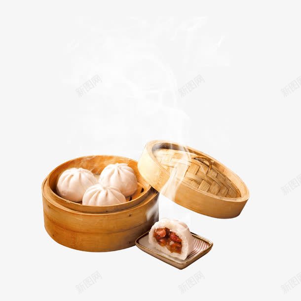 一笼小笼包png免抠素材_新图网 https://ixintu.com 产品实物 包子香味 圆形蒸笼 白色小笼包