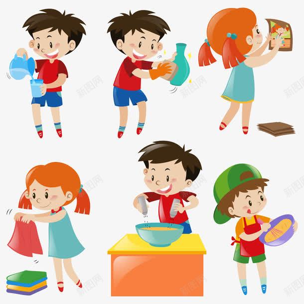 孩子做家务png免抠素材_新图网 https://ixintu.com 倒水 做家务 做菜 卡通 女孩 孩子 拧抹布 擦拭 男孩