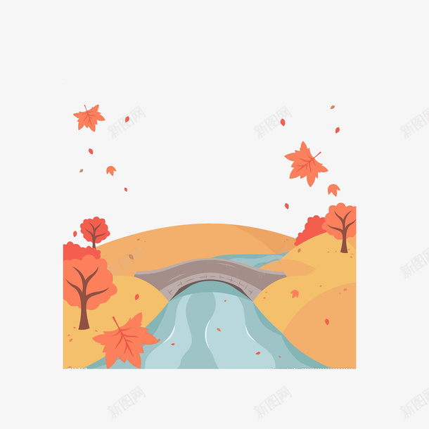 卡通秋分唯美风景画png免抠素材_新图网 https://ixintu.com 卡通插画 唯美风景 流淌的河水 秋风 落叶纷飞