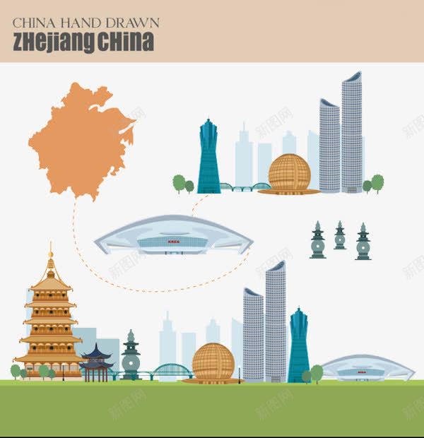 创意装饰杭州地标图png免抠素材_新图网 https://ixintu.com 地标 手绘风景图 旅游 杭州 杭州地标 西湖