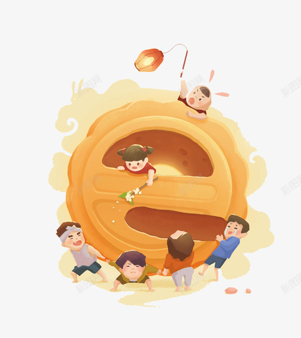 中秋节手绘海报背景元素png免抠素材_新图网 https://ixintu.com 传统佳节 孩童 手绘 打灯笼 月饼 海报背景 玩闹的孩童