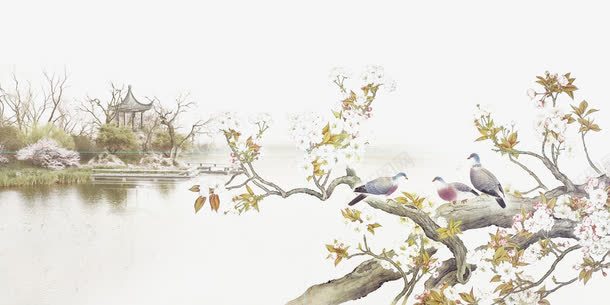 湖边一景png免抠素材_新图网 https://ixintu.com 亭子 清水 绿树 鲜花盛开 鸟成双成对