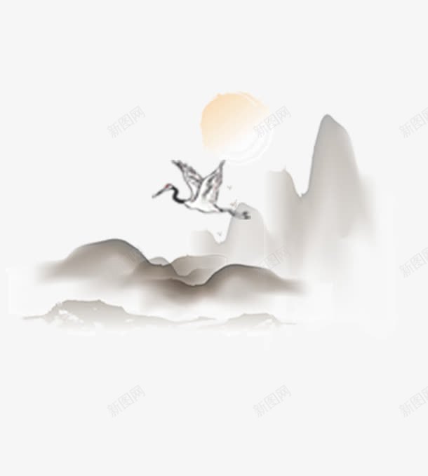 远山落日飞鹭png免抠素材_新图网 https://ixintu.com 中国风 落日 远山 飞鹭