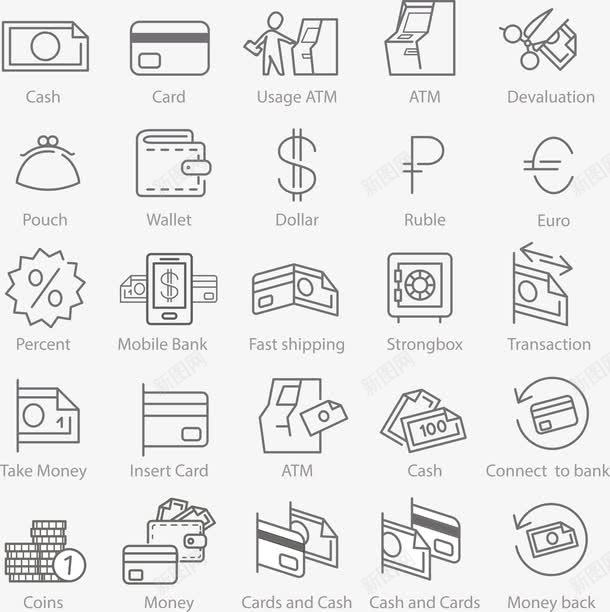 常用图标矢量图eps_新图网 https://ixintu.com ATM机图标 信用卡图标 手绘钱包 矢量图