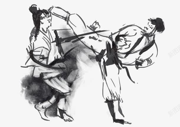 打架格斗png免抠素材_新图网 https://ixintu.com 中国风 侧踢腿 手绘 打架 格斗 武功切磋 水墨画 跆拳道