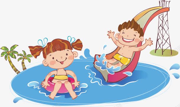 游泳池男孩女孩卡通背景夏天png免抠素材_新图网 https://ixintu.com 卡通 夏天 女孩 游泳动作 游泳池 男孩 背景