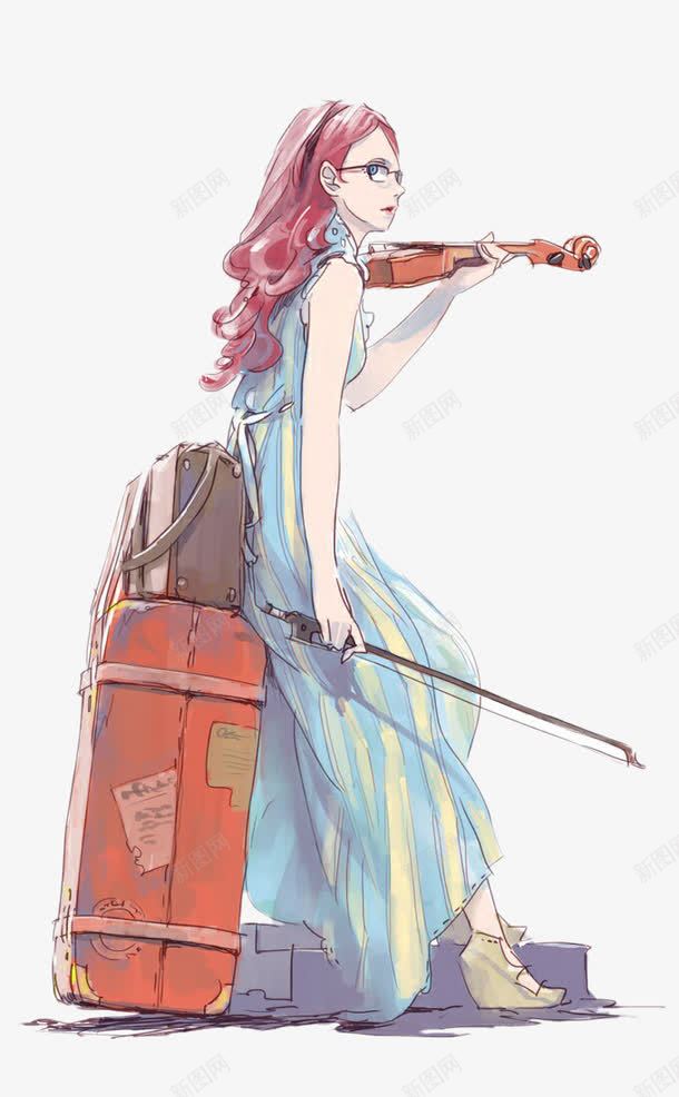 靠着行李箱弹琴的少女psd免抠素材_新图网 https://ixintu.com 卡通手绘 少女 弹琴 行李箱