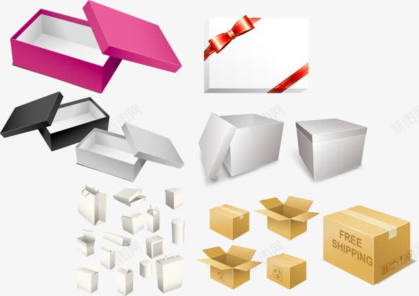 实用的盒子箱子矢量图eps免抠素材_新图网 https://ixintu.com 包装盒 手挽袋 打开 盒子 矢量素材 礼物 空白 箱子 纸包装 纸盒纸箱 纸袋 蝴蝶结 鞋盒 矢量图