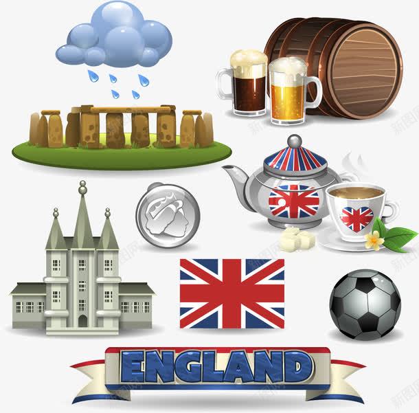 英国元素矢量图eps免抠素材_新图网 https://ixintu.com 乌云雨天气巨石阵啤酒啤酒桶茶下午茶米字旗足球英镑英国旅行矢量图 矢量图