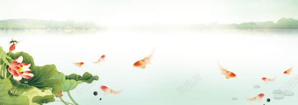 荷塘月色banner创意jpg设计背景_新图网 https://ixintu.com 中国风 荷花 金鱼
