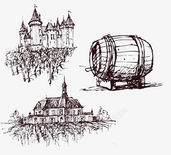 素描葡萄酒庄园psd免抠素材_新图网 https://ixintu.com 红酒庄园 葡萄园 葡萄酒 酒桶