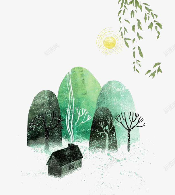清新手绘文艺夏季海报插画png免抠素材_新图网 https://ixintu.com 乡村 夏季 山脉 手绘 插画 树叶 海报 清新 绿色