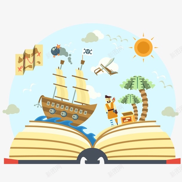 书中的海盗世界插画矢量图ai免抠素材_新图网 https://ixintu.com 书中 书本 卡通 插画 故事书 海盗 船只 矢量图