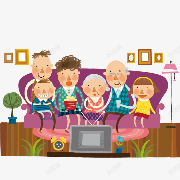 卡通看电视的人物矢量图ai免抠素材_新图网 https://ixintu.com 人物设计 卡通 回忆看电视 坐着看电视 家庭 幸福 手绘 看电视 矢量图