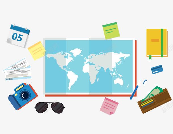 地图旅游必备品png免抠素材_新图网 https://ixintu.com 地图 旅游必备品 相机 眼镜 笔记本 钱包 飞机票