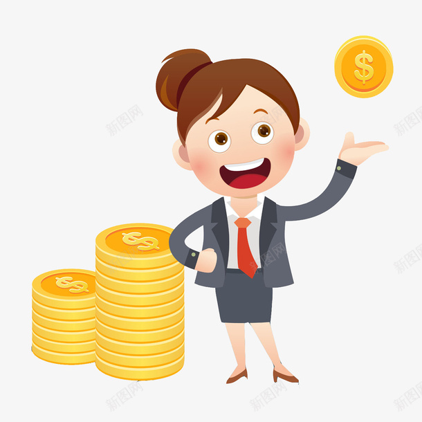 手绘举着金币的女人图png免抠素材_新图网 https://ixintu.com 卡通 商务 女人 理财 西装 金币 金融 黄色的